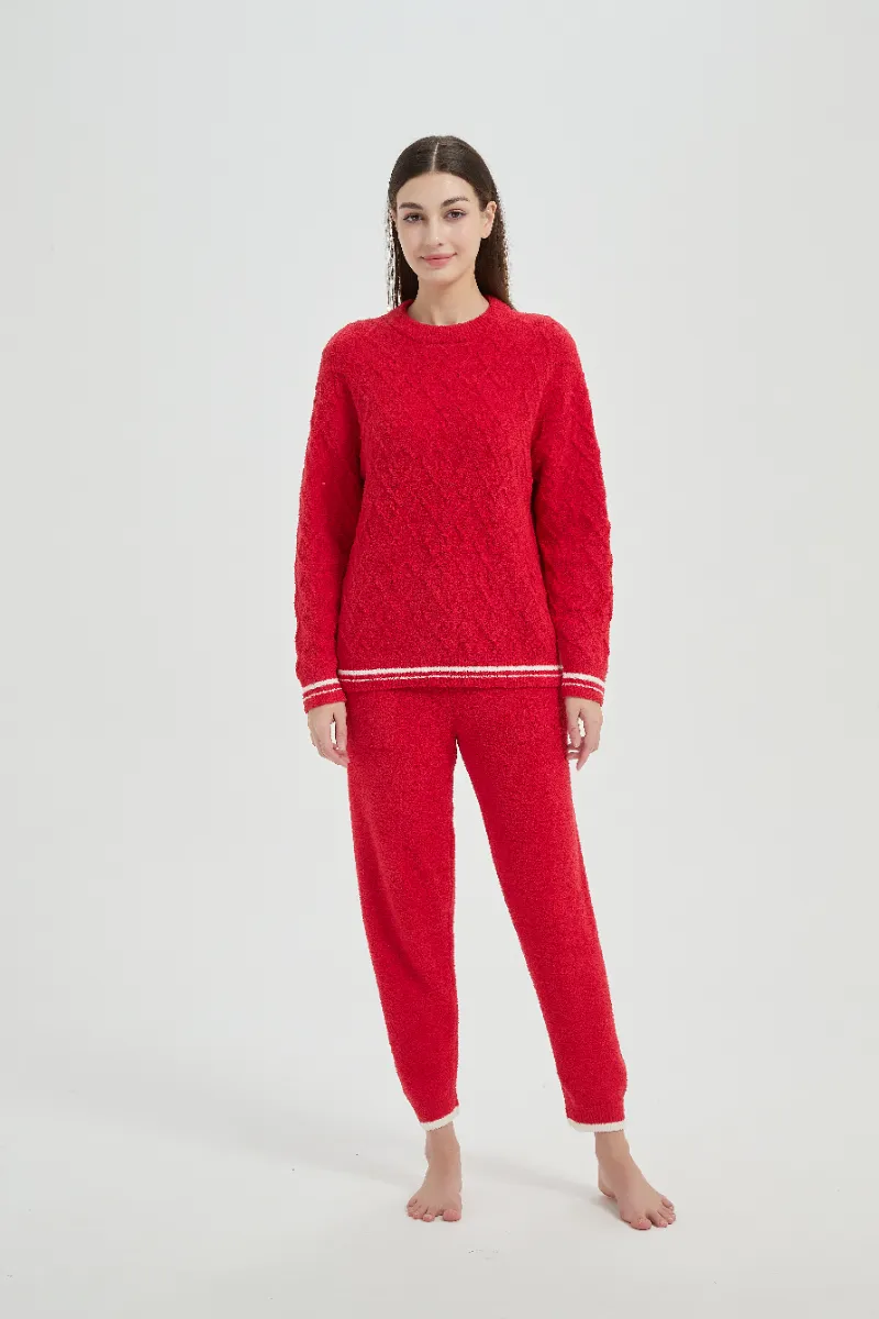 Loose Fit Plush Red Women Fleece Pajamas Set